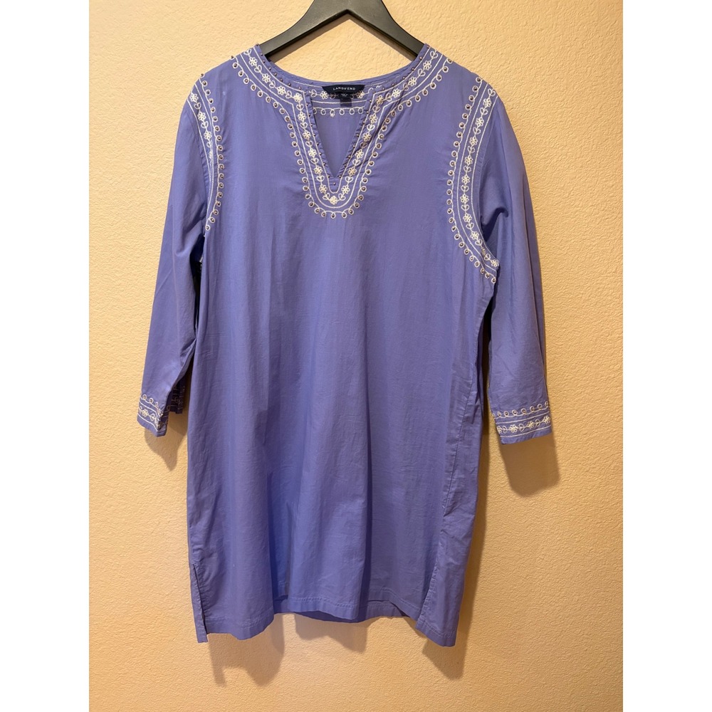 Lands' End Blue Embroidered Beaded Cotton Tunic Top Women Medium 10-12 Boho